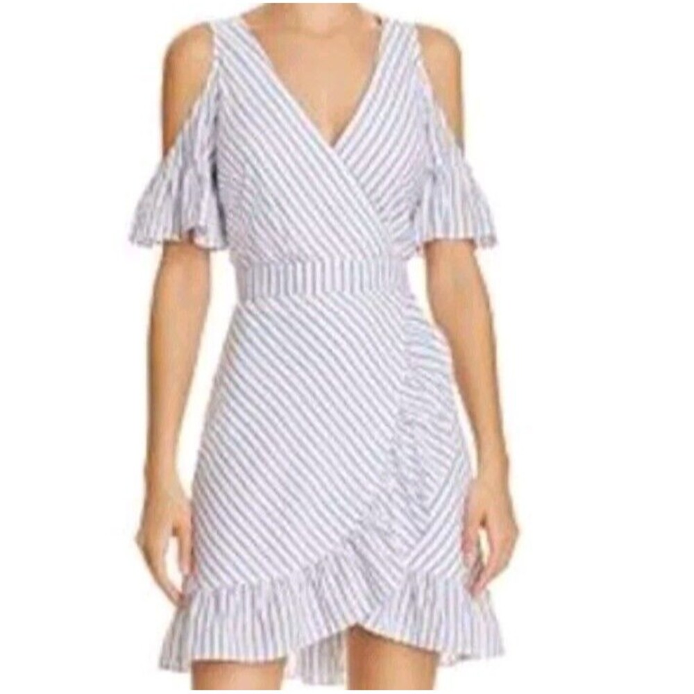 BB Dakota Womens Size 0 Blue White Striped Ruffle Cold Shoulder Mini Dress
